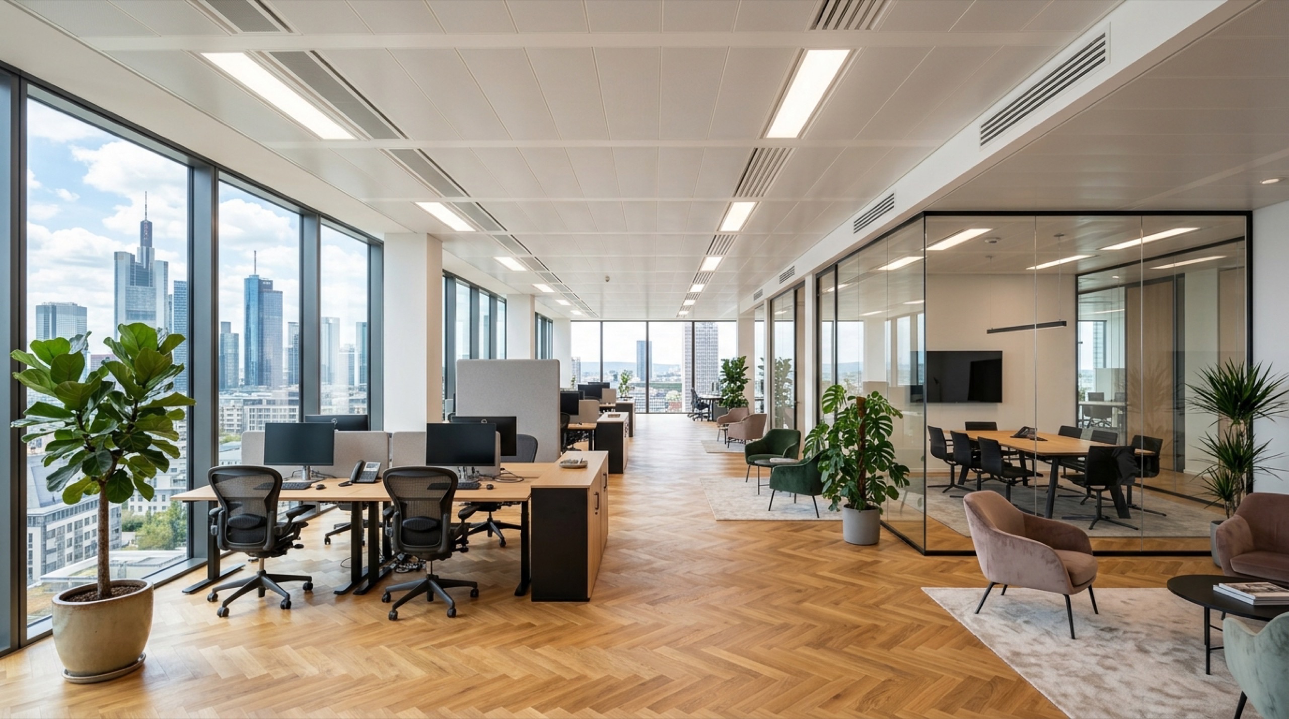 Schlüsselfertiger Büroausbau Frankfurt - Modernes Open-Space Büro mit Glastrennwänden und Eichenparkett